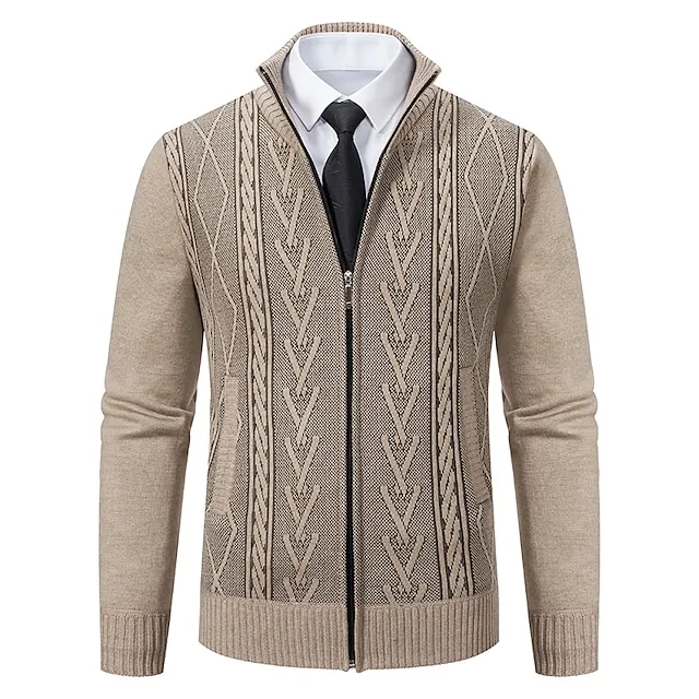 Men’s Sweater Cardigan Sweater Ribbed Knit Regular Knitted Stand Collar Warm Ups Modern Contemporary Back to School Daily Wear Clothing Apparel Fall & Winter Light Grey Dark Grey S M L 992367ae12b9e94681994793efe42edf