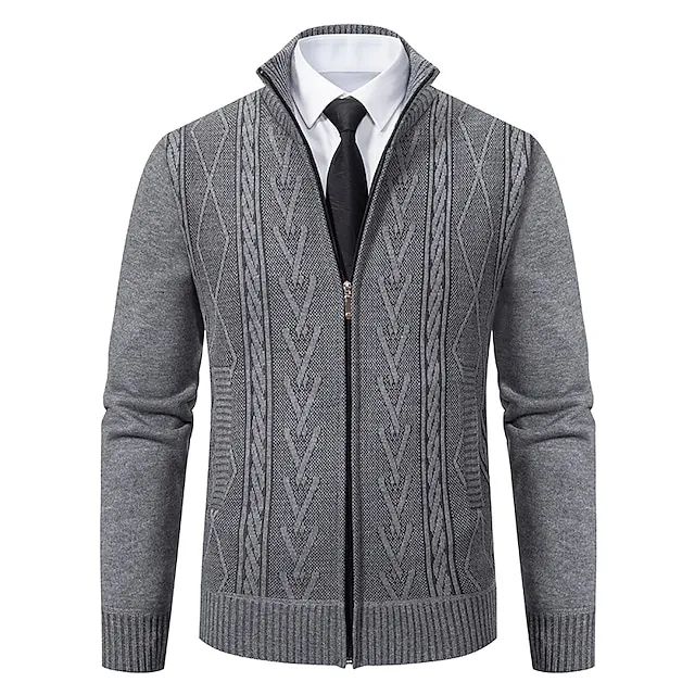Men’s Sweater Cardigan Sweater Ribbed Knit Regular Knitted Stand Collar Warm Ups Modern Contemporary Back to School Daily Wear Clothing Apparel Fall & Winter Light Grey Dark Grey S M L ac37b68659d09ccc38f58ecdfe709fd2