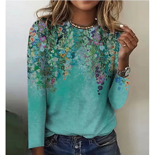 Women's T shirt Tee Floral Graphic Striped Daily Weekend Green Print Long Sleeve Daily Basic Round Neck Regular Fit Fall & Winter