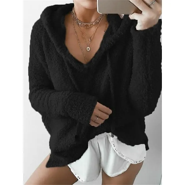 Women’s Pullover Sweater Jumper Hooded Ribbed Knit Polyester Lace up Fall Winter Daily Going out Weekend Stylish Casual Soft Long Sleeve Solid Color Black White Pink S M L 98cb870e4ae16ae27693ec4dbde08ef5