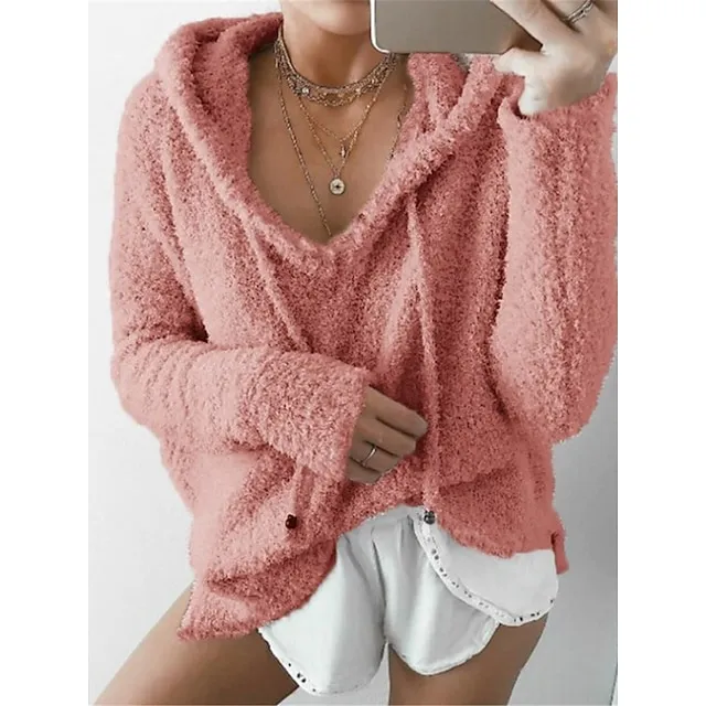 Women’s Pullover Sweater Jumper Hooded Ribbed Knit Polyester Lace up Fall Winter Daily Going out Weekend Stylish Casual Soft Long Sleeve Solid Color Black White Pink S M L ad2522b0f666a23d0511617af306d53d