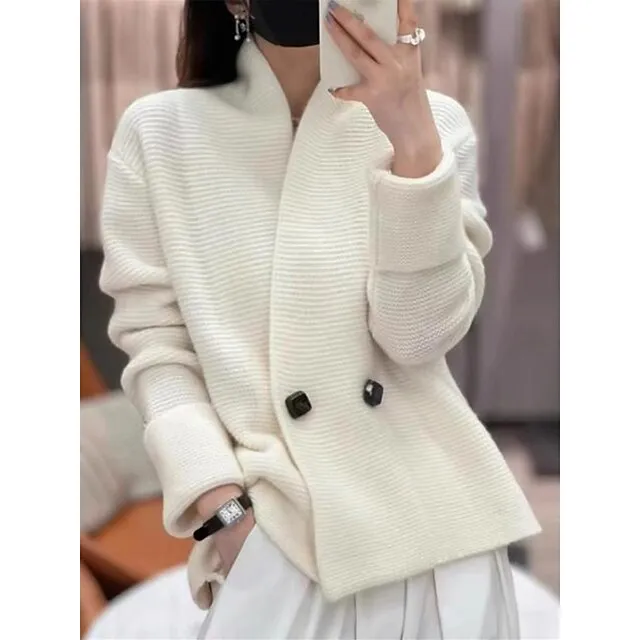 Women's Pullover Sweater Jumper Shirt Collar Ribbed Knit Polyester Button Summer Fall Outdoor Home Daily Stylish Casual Soft Long Sleeve Solid Color White Blue Beige One-Size