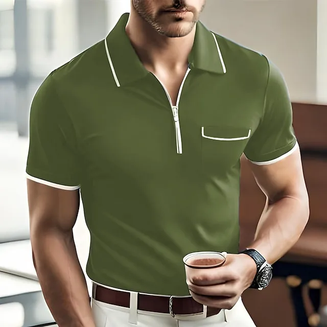 Men’s Zip Polo Polo Shirt Casual Holiday Lapel Quarter Zip Short Sleeve Fashion Basic Plain Quarter Zip Summer Regular Fit Black Dark Navy Orange Green Gray Zip Polo 48de2c7cf0cb3a14002547563de3f076