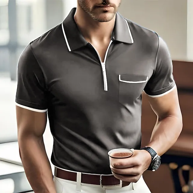 Men’s Zip Polo Polo Shirt Casual Holiday Lapel Quarter Zip Short Sleeve Fashion Basic Plain Quarter Zip Summer Regular Fit Black Dark Navy Orange Green Gray Zip Polo 6d1e0d0ded5aaa55a89b8fab6ac0376c