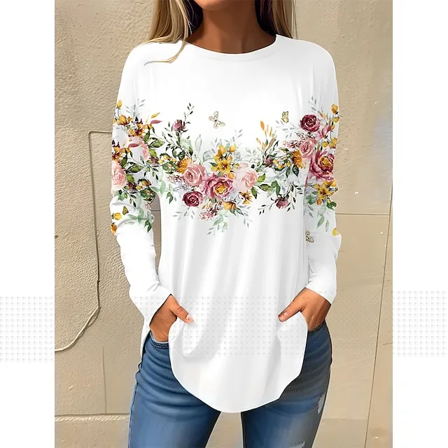 Women's T shirt Tee Floral Holiday Weekend White Pink Red Print Long Sleeve Basic Round Neck Regular Fit Fall & Winter