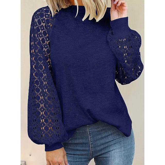 Women's Pullover Sweater Jumper Crew Neck Ribbed Knit Polyester Patchwork Summer Fall Outdoor Daily Going out Stylish Casual Soft Long Sleeve Solid Color Black Pink Navy Blue S M L