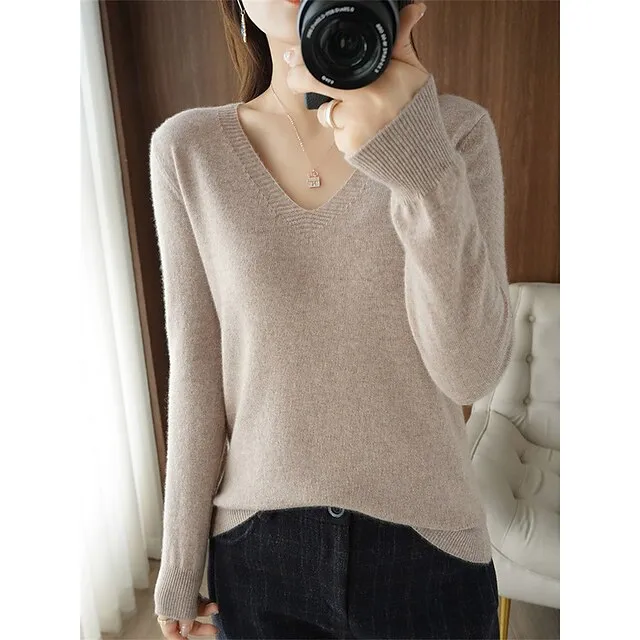Women's Pullover Sweater Jumper V Neck Ribbed Knit Wool Oversized Summer Fall Outdoor Daily Going out Stylish Casual Soft Long Sleeve Solid Color White Yellow Light Green S M L