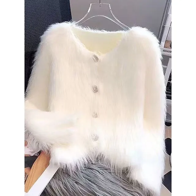 Women’s Cardigan Sweater Crew Neck Ribbed Knit Polyester Imitation Mink Faux Fur Trim Fall Winter Daily Going out Weekend Stylish Casual Soft Long Sleeve Solid Color Black White Pink One-Size 082a45d19926674556f72af206d183d0