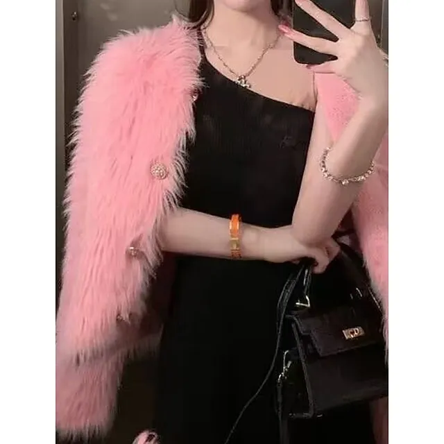 Women’s Cardigan Sweater Crew Neck Ribbed Knit Polyester Imitation Mink Faux Fur Trim Fall Winter Daily Going out Weekend Stylish Casual Soft Long Sleeve Solid Color Black White Pink One-Size 1d86a27d8c91ad8eb1f52e9724fec3ac