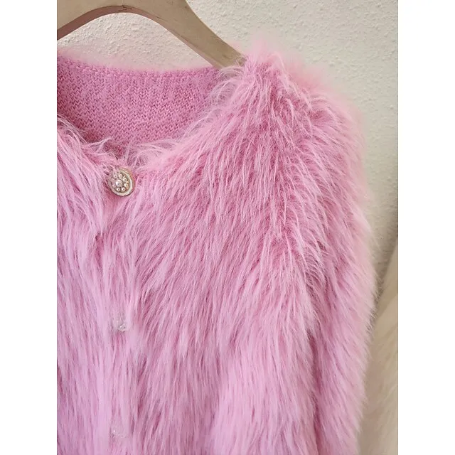Women’s Cardigan Sweater Crew Neck Ribbed Knit Polyester Imitation Mink Faux Fur Trim Fall Winter Daily Going out Weekend Stylish Casual Soft Long Sleeve Solid Color Black White Pink One-Size 732dc681d4eed121ef58b9ac6a1a3d3d