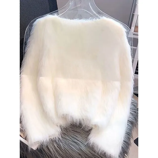 Women’s Cardigan Sweater Crew Neck Ribbed Knit Polyester Imitation Mink Faux Fur Trim Fall Winter Daily Going out Weekend Stylish Casual Soft Long Sleeve Solid Color Black White Pink One-Size efb0e3697bb45d31626d4328486a92f5