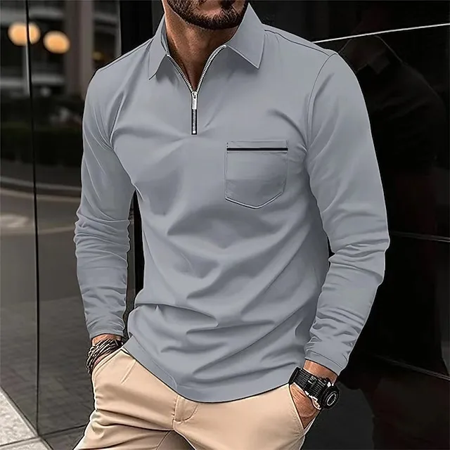 Men’s Zip Polo Polo Shirt Outdoor Casual Lapel Quarter Zip Long Sleeve Fashion Basic Solid / Plain Color Quarter Zip Spring & Fall Regular Fit Black White Pink Wine Dark Navy Blue Zip Polo 15516d25fa51813363013fb6386f6df6