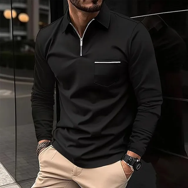 Men’s Zip Polo Polo Shirt Outdoor Casual Lapel Quarter Zip Long Sleeve Fashion Basic Solid / Plain Color Quarter Zip Spring & Fall Regular Fit Black White Pink Wine Dark Navy Blue Zip Polo 405f25da6d51ab5c9288dafd22d1dd45