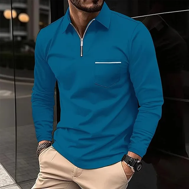 Men’s Zip Polo Polo Shirt Outdoor Casual Lapel Quarter Zip Long Sleeve Fashion Basic Solid / Plain Color Quarter Zip Spring & Fall Regular Fit Black White Pink Wine Dark Navy Blue Zip Polo 4cc63ad9ff34be5b9d81c1e180c95c69