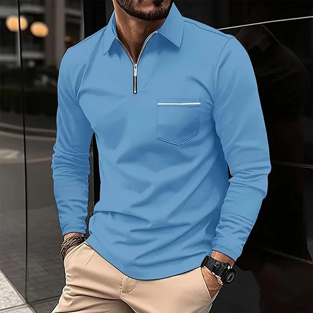 Men’s Zip Polo Polo Shirt Outdoor Casual Lapel Quarter Zip Long Sleeve Fashion Basic Solid / Plain Color Quarter Zip Spring & Fall Regular Fit Black White Pink Wine Dark Navy Blue Zip Polo 6b0ef9dfc4603fbab8ab08059dcffa51