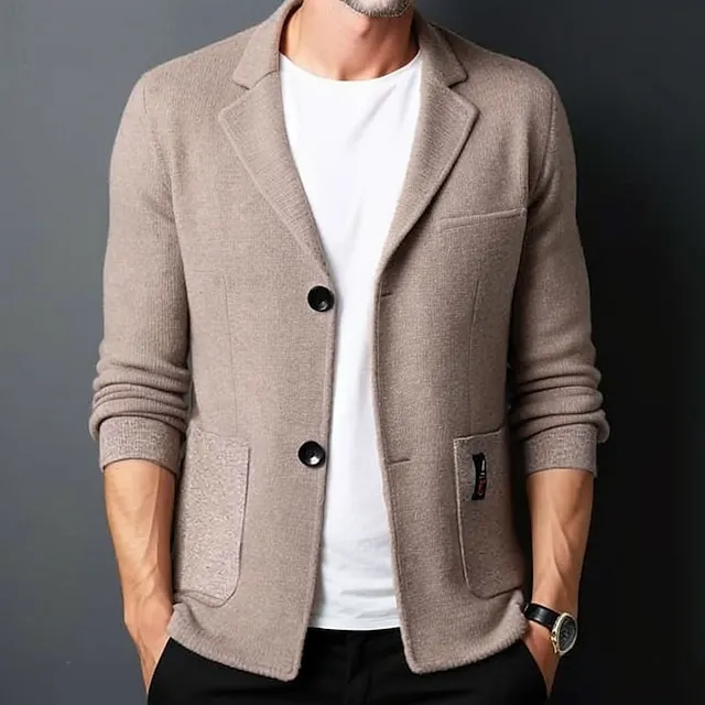 Men's Cardigan Sweater Ribbed Knit Regular Knitted Plain Lapel Warm Ups Modern Contemporary Daily Wear Going out Clothing Apparel Fall Winter Black Camel S M L