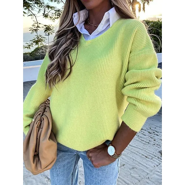 Women's Pullover Sweater Jumper Shirt Collar Ribbed Knit Polyester Patchwork Fall Winter Outdoor Daily Date Stylish Casual Soft Long Sleeve Solid Color fluorescent yellow Black White S M L