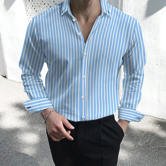 Men's Dress Shirt Button Down Shirt Collared Shirt Black White Red Long Sleeve Striped Collar Wedding Work Clothing Apparel