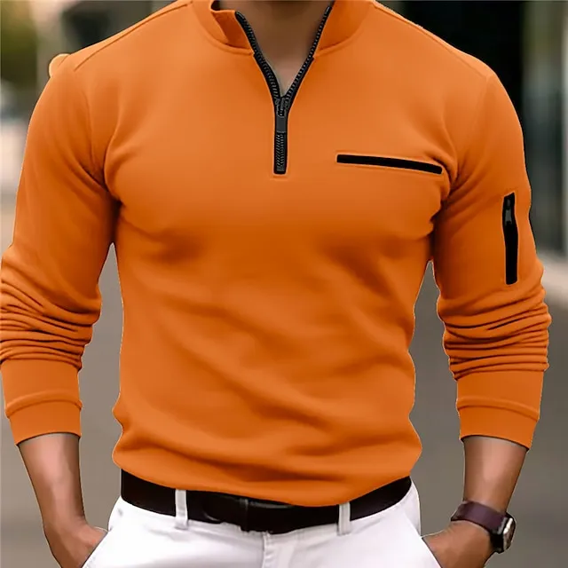 Men's Polo Shirt Pullover Sports Daily Wear Quarter Zip Long Sleeve Fashion Comfortable Plain Pocket Zip Up Spring & Fall Regular Fit Black White Navy Blue Orange Polo Shirt