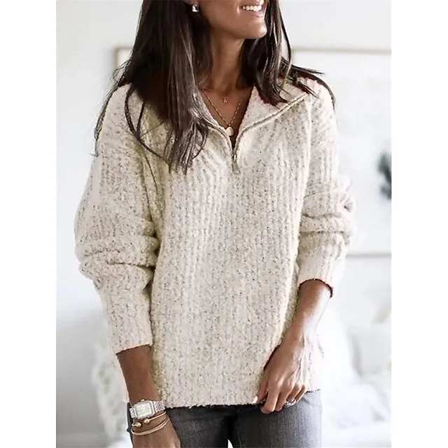 Women’s Pullover Sweater Jumper Shirt Collar Half Zip Ribbed Knit Cotton Zipper Fall Winter Valentine’s Day Daily Going out Stylish Casual Soft Long Sleeve Solid Color Black Red Blue S M L 30a8d3b489b3f4348bcb21dc6cdf4e97