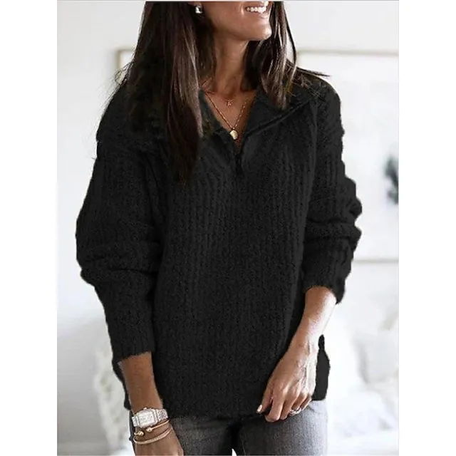Women’s Pullover Sweater Jumper Shirt Collar Half Zip Ribbed Knit Cotton Zipper Fall Winter Valentine’s Day Daily Going out Stylish Casual Soft Long Sleeve Solid Color Black Red Blue S M L 696dda6b3973e79517547091360c5c9a