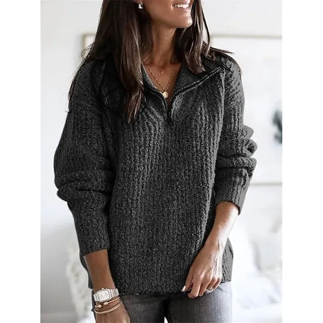 Women’s Pullover Sweater Jumper Shirt Collar Half Zip Ribbed Knit Cotton Zipper Fall Winter Valentine’s Day Daily Going out Stylish Casual Soft Long Sleeve Solid Color Black Red Blue S M L 72775418054ffab27b656ee2b35c0330