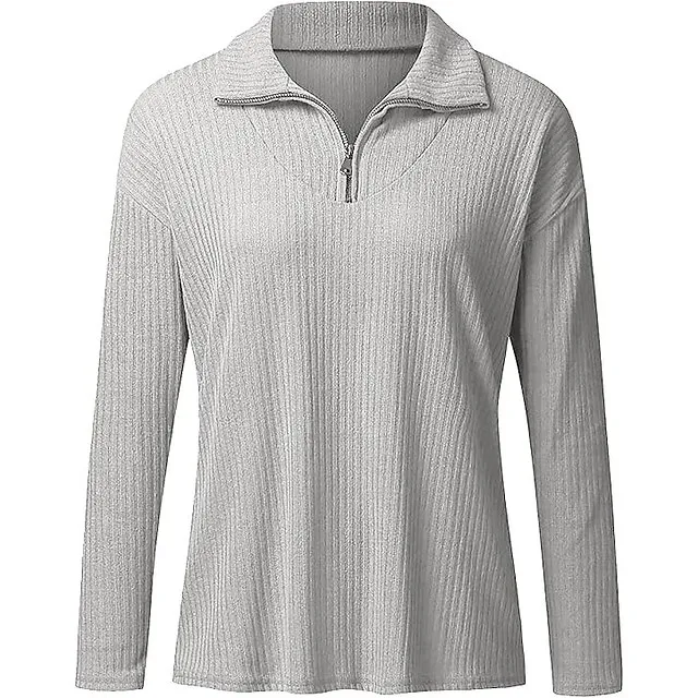 Women’s Pullover Sweater Jumper Shirt Collar Half Zip Ribbed Knit Cotton Zipper Fall Winter Valentine’s Day Daily Going out Stylish Casual Soft Long Sleeve Solid Color Black Red Blue S M L dc68b6ed8687a2c07c9210a2d4bef3ae