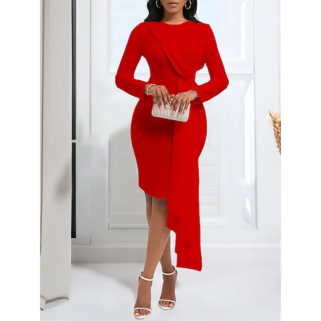 Women's Party Dress Cocktail Dress Wedding Guest Dress Midi Dress White Yellow Red Long Sleeve Pure Color Ruched Spring Fall Winter Crew Neck Fashion Winter Dress Wedding Guest Vacation S M L XL
