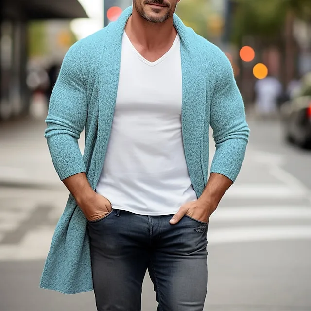 Men’s Cardigan Sweater Fall Sweater Ribbed Knit Tunic Knitted Plain Shawl Collar Warm Ups Modern Contemporary Daily Wear Going out Clothing Apparel Fall & Winter Black Blue M L XL 602017bb7a9d304770482398daa49b78
