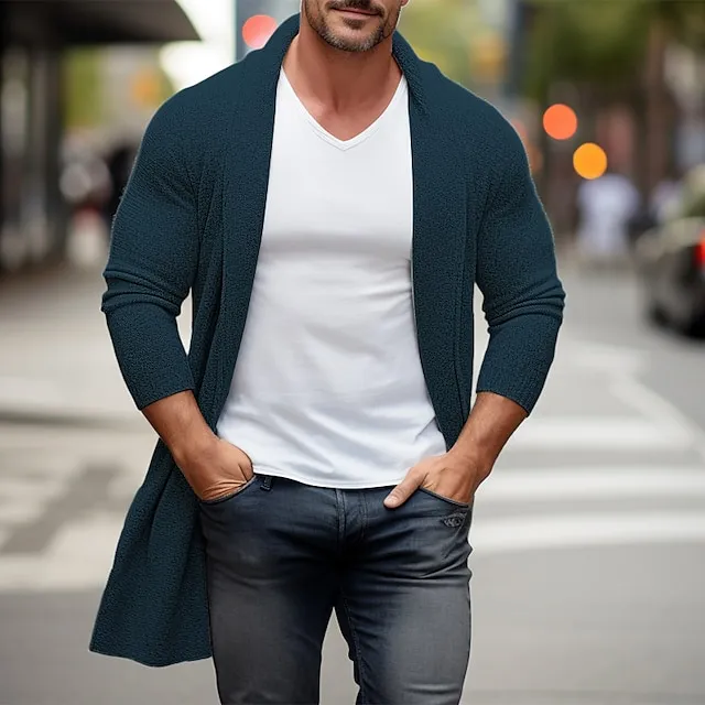Men’s Cardigan Sweater Fall Sweater Ribbed Knit Tunic Knitted Plain Shawl Collar Warm Ups Modern Contemporary Daily Wear Going out Clothing Apparel Fall & Winter Black Blue M L XL 79f1875545d2eaa777741531383b1ff8