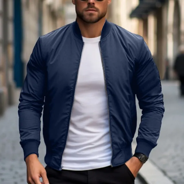 Men's Bomber Jacket Varsity Jacket Outdoor Daily Wear Spring & Fall Plain Fashion Streetwear Collar Regular Black Red & White Dark Blue Gray Jacket