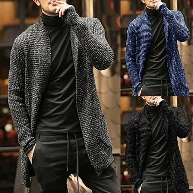 Men's Cardigan Sweater Fall Sweater Ribbed Knit Regular Knitted Plain Open Front Warm Ups Modern Contemporary Daily Wear Going out Clothing Apparel Winter Black Dark Blue M L XL