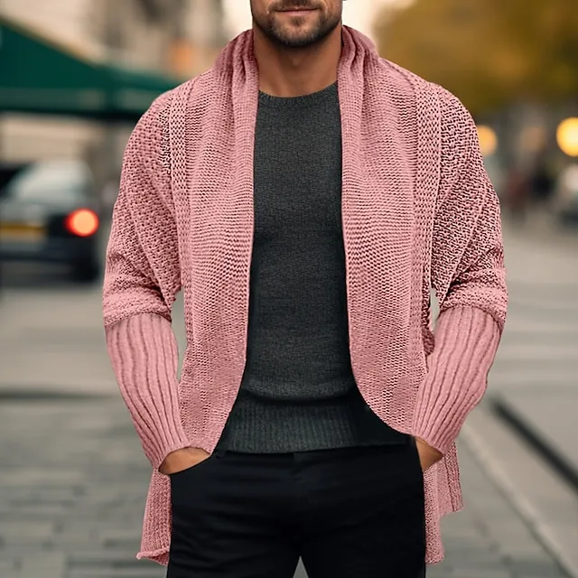 Men’s Sweater Cardigan Sweater Ribbed Knit Regular Knitted Plain Open Front Warm Ups Modern Contemporary Daily Wear Going out Clothing Apparel Winter Black Pink S M L 7c04bf146b155106741c299f61c54b47
