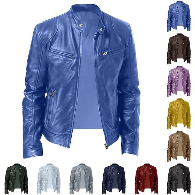 Male Faux Leather Jacket Outdoor clothing Casual Daily Windproof Button Fall & Winter Zipper Casual Crew Neck Regular Faux Leather Silver Golden Black White Yellow Jacket