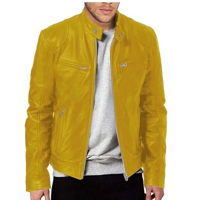 Male Faux Leather Jacket Outdoor clothing Casual Daily Windproof Button Fall & Winter Zipper Casual Crew Neck Regular Faux Leather Silver Golden Black White Yellow Jacket be7245c43f34f8c38acf8f9ae4047a66