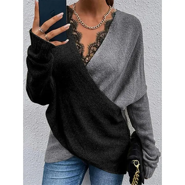 Women's Pullover Sweater Jumper V Neck Ribbed Knit Cotton Blend Patchwork Criss Cross Lace Trims Fall Winter Regular Daily Going out Weekend Stylish Casual Soft Long Sleeve Solid Color White Khaki
