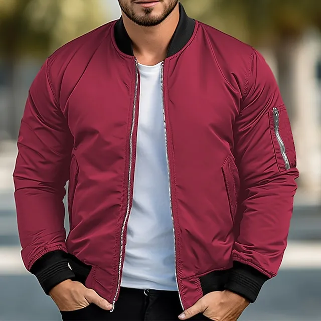 Men's Bomber Jacket Varsity Jacket Sport Coat Outdoor Sports Warm Pocket Fall Winter Plain Fashion Streetwear Stand Collar Regular Ocean Blue Red & White Green Khaki Jacket