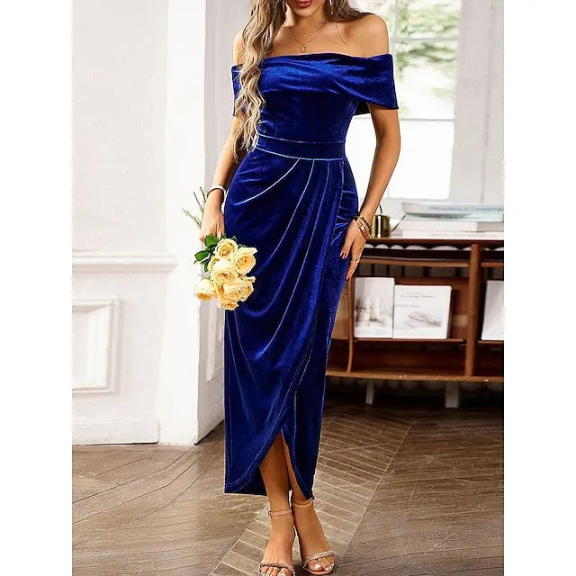 Women’s Prom Dress Party Dress Velvet Dress Long Dress Maxi Dress Black Wine Blue Short Sleeve Pure Color Pleated Spring Fall Winter Off Shoulder Fashion Winter Dress Office Evening Party 2023 S M L 1bd2cb432e55aa82bf8ec40913f271d5