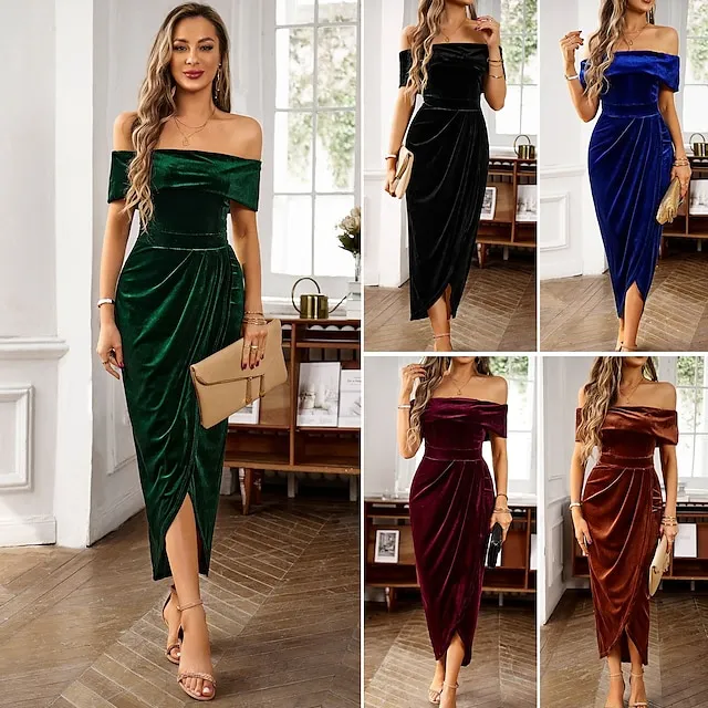 Women's Prom Dress Party Dress Velvet Dress Long Dress Maxi Dress Black Wine Blue Short Sleeve Pure Color Pleated Spring Fall Winter Off Shoulder Fashion Winter Dress Office Evening Party S M L