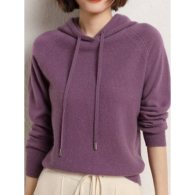 Women’s Pullover Sweater Jumper Hooded Ribbed Knit Wool Oversized Fall Winter Regular Outdoor Daily Going out Stylish Casual Soft Long Sleeve Solid Color Black Camel Purple S M L a57f605f58b3540bc40cad46d5708b6d