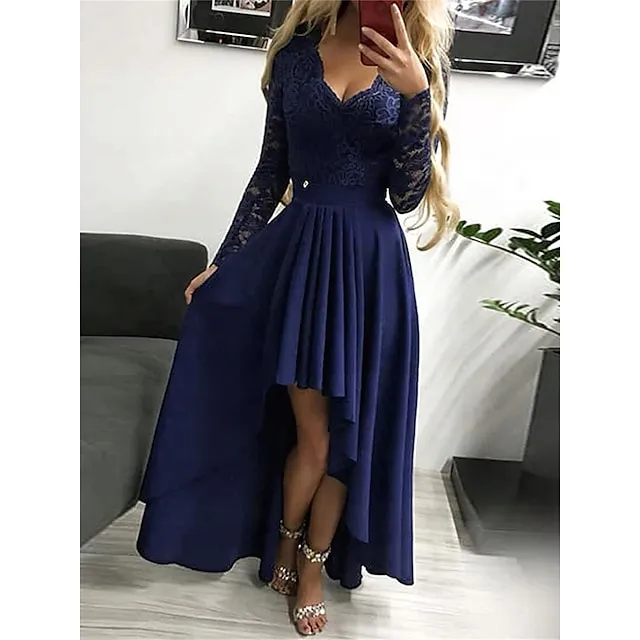 Women’s Prom Dress Party Dress Lace Dress Long Dress Maxi Dress Black Wine Green Long Sleeve Pure Color Lace Fall Winter Autumn V Neck Fashion Winter Dress Wedding Guest Birthday 2023 S M L XL 1414df593955fc47eea4b886a8cccb43