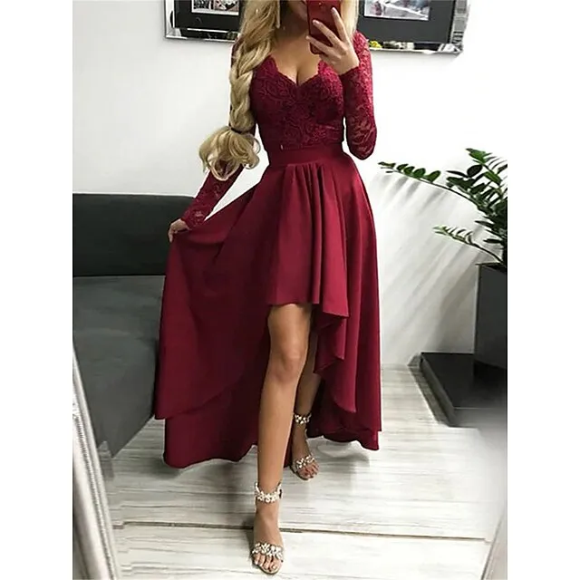 Women’s Prom Dress Party Dress Lace Dress Long Dress Maxi Dress Black Wine Green Long Sleeve Pure Color Lace Fall Winter Autumn V Neck Fashion Winter Dress Wedding Guest Birthday 2023 S M L XL 17ac67c77113e850377f986b946c729e