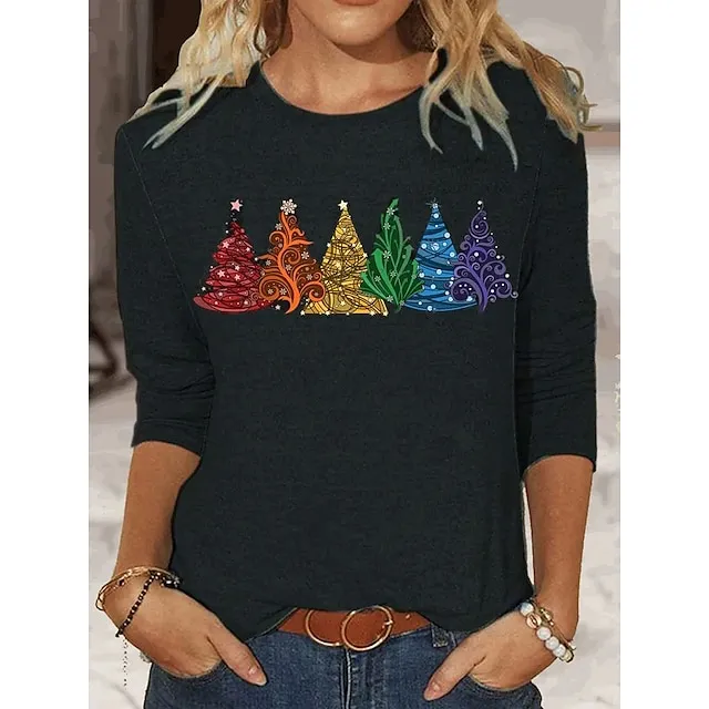 Women's T shirt Tee Christmas Shirt Christmas Tree Christmas Weekend Black Pink Blue Print Long Sleeve Festival / Holiday Christmas Round Neck Regular Fit Spring & Fall