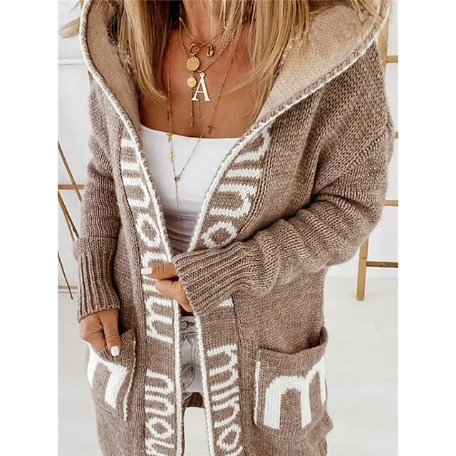 Women’s Cardigan Sweater Hooded Ribbed Knit Nylon Pocket Oversized Fall Winter Long Outdoor Daily Going out Stylish Casual Soft Long Sleeve Letter Khaki Coffee Gray S M L 19651459b456702f65f91d20409267cf