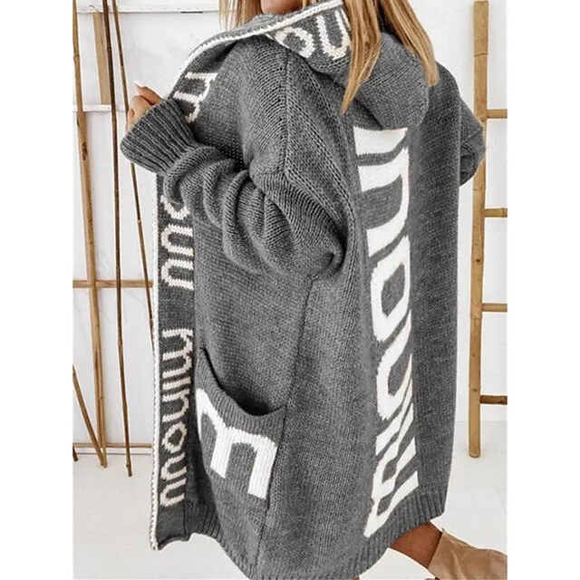 Women’s Cardigan Sweater Hooded Ribbed Knit Nylon Pocket Oversized Fall Winter Long Outdoor Daily Going out Stylish Casual Soft Long Sleeve Letter Khaki Coffee Gray S M L c695f20ffca59a145295adedb3b84d29