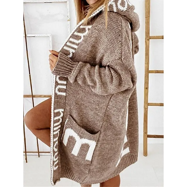 Women’s Cardigan Sweater Hooded Ribbed Knit Nylon Pocket Oversized Fall Winter Long Outdoor Daily Going out Stylish Casual Soft Long Sleeve Letter Khaki Coffee Gray S M L de10068110e66b13571527a529120add