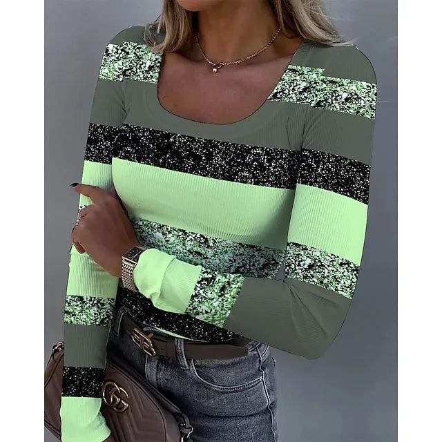 Women’s T shirt Tee Color Block Daily Weekend Yellow Pink Blue Print Long Sleeve Fashion U Neck Slim Spring & Fall 1e7f1265afd03050c6a6f6b62dd38683