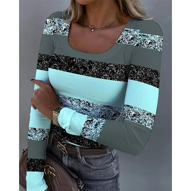 Women’s T shirt Tee Color Block Daily Weekend Yellow Pink Blue Print Long Sleeve Fashion U Neck Slim Spring & Fall 4884d1134bfe5526beb1c242eb791372