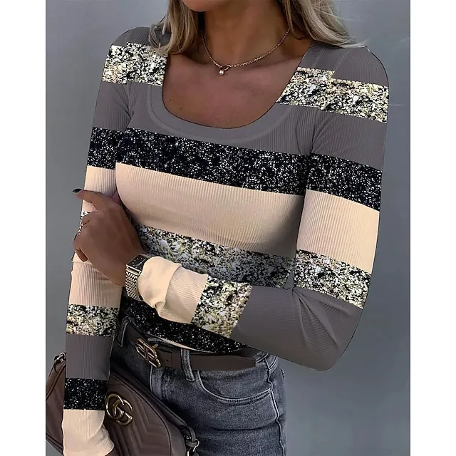 Women’s T shirt Tee Color Block Daily Weekend Yellow Pink Blue Print Long Sleeve Fashion U Neck Slim Spring & Fall 5302f126597a4aca9b4da00315d4e517