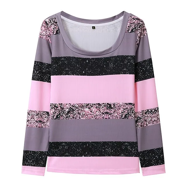 Women’s T shirt Tee Color Block Daily Weekend Yellow Pink Blue Print Long Sleeve Fashion U Neck Slim Spring & Fall 9912aa188fc07d32b51cd57ef2e04bb3